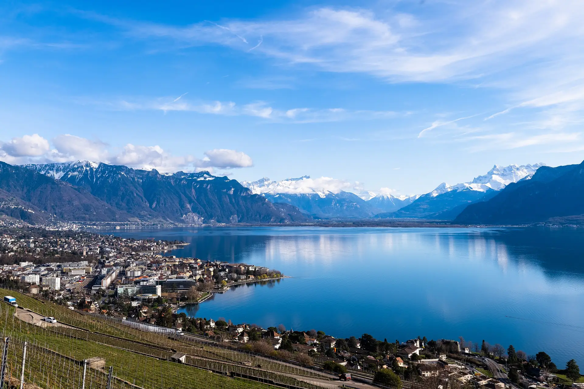 Le lac Léman et les Alpes vus depuis les vignobles de la Riviera suisse