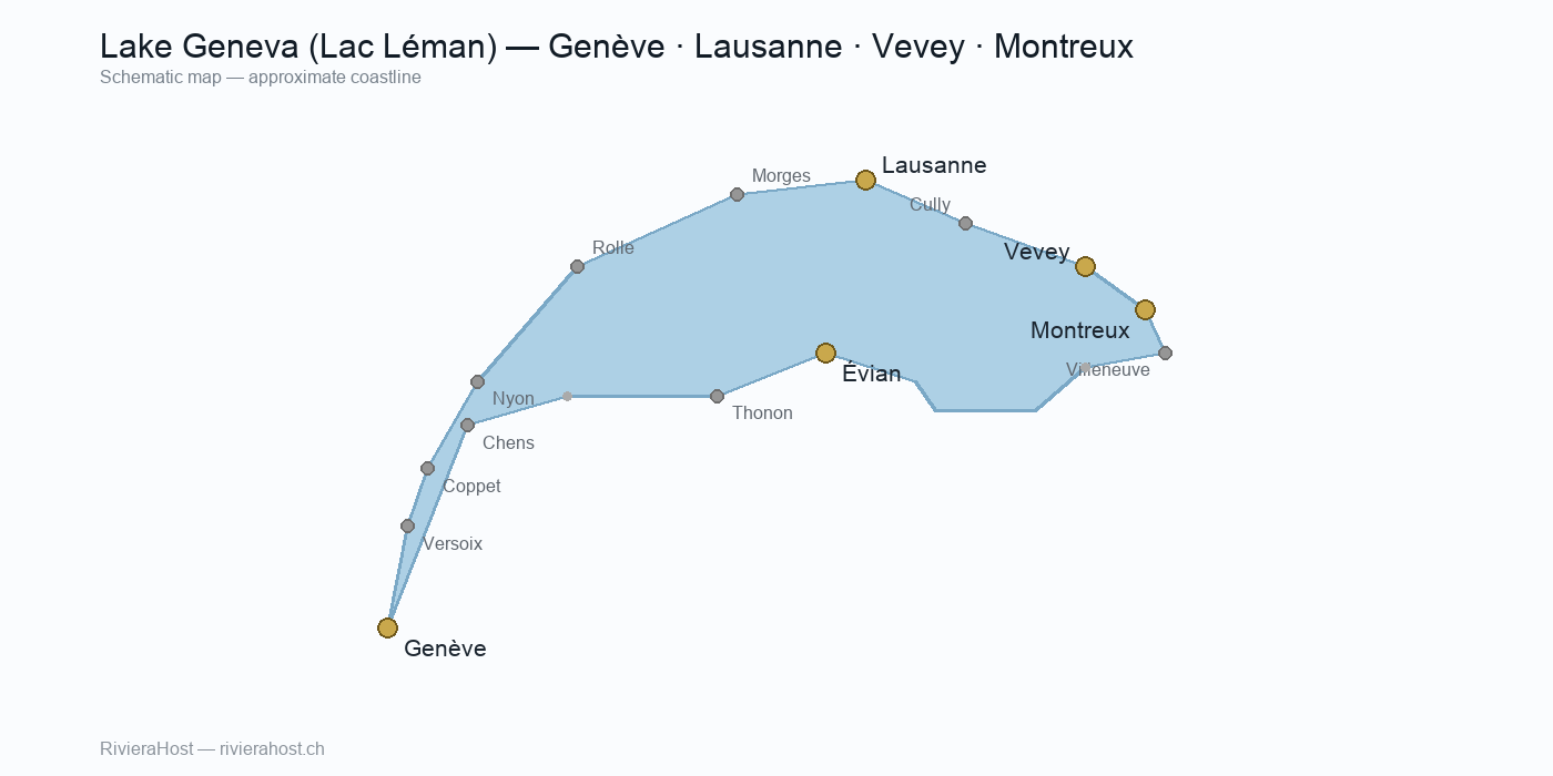 Carte du Léman : Genève, Lausanne, Vevey et Montreux